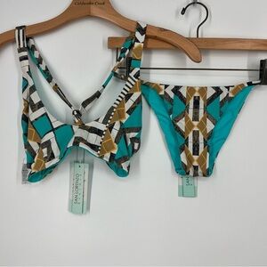 San Lorenzo NEW Cross Back Thin Brief Temple Geometric Print Bikini Set